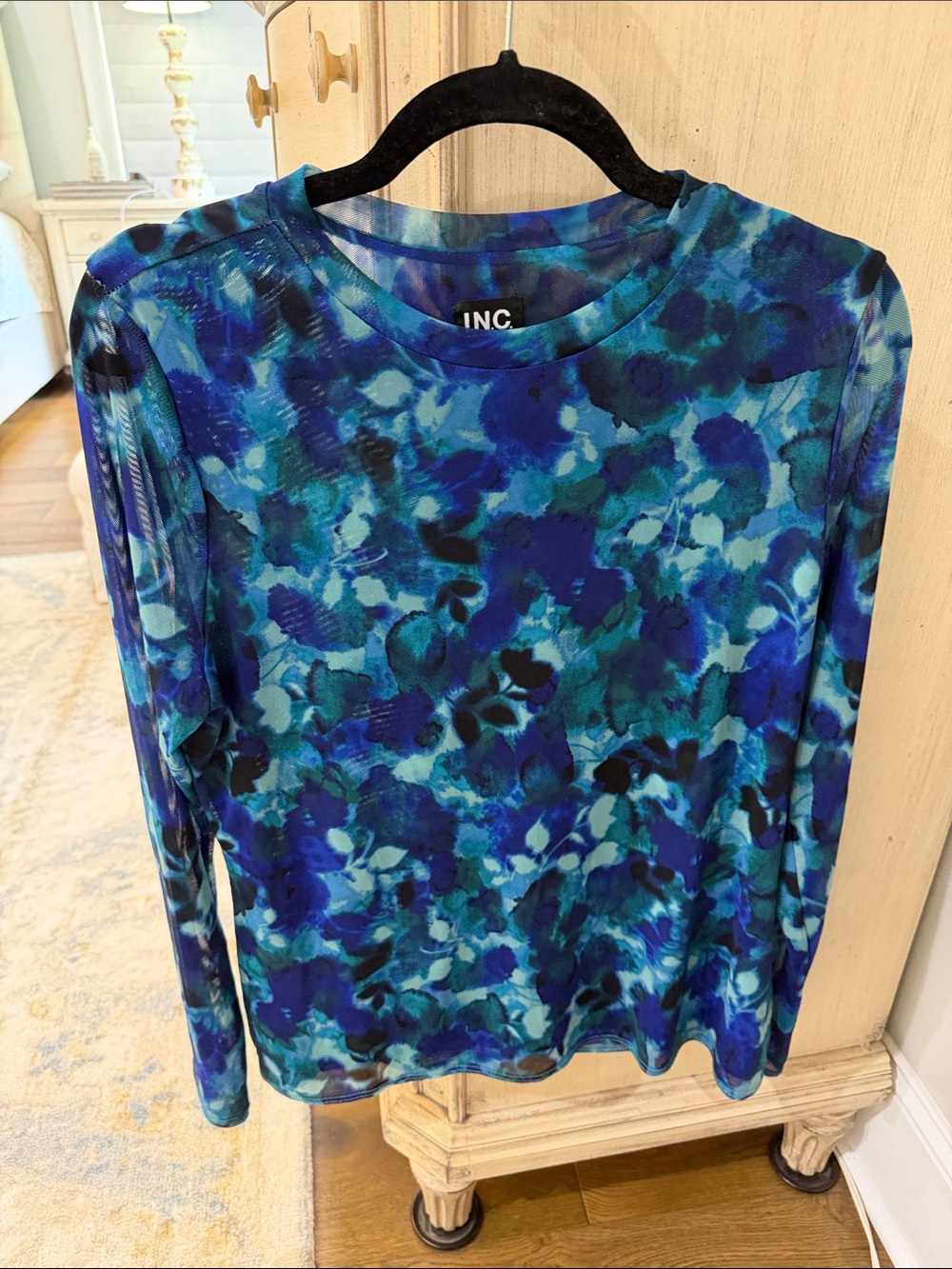 INC International Concepts Blue Teal Floral-Print Long Sleeve Tee